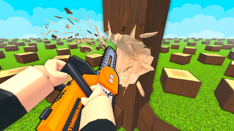 Official Chop A Forest promotional artwork showing a chainsaw cutting a tree in a field of stumps
